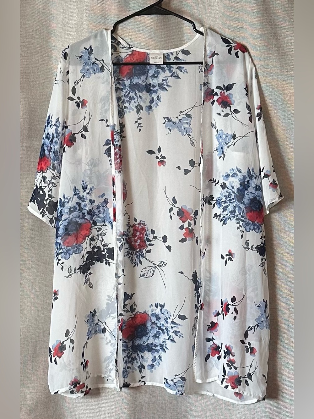 Floral semi-sheer open-front blouse/duster•medium•red/white/blue•Kaileigh